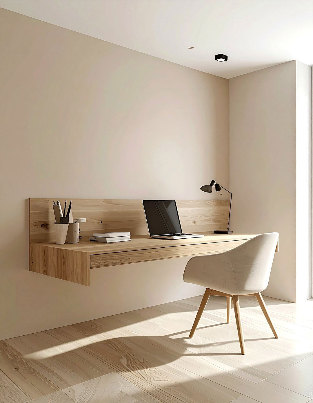 Minimalist beige floating desk - 30 beige bedroom furniture ideas