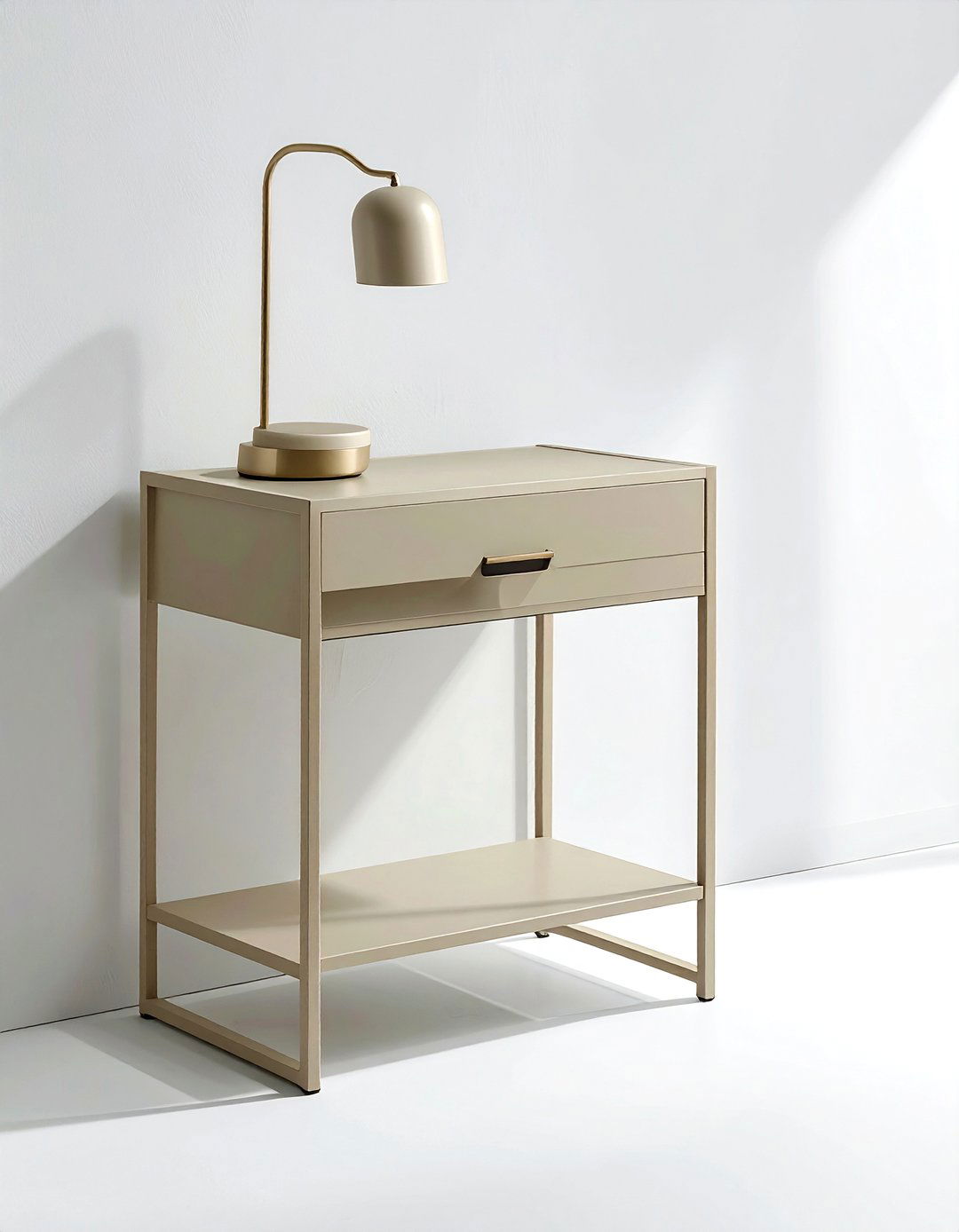 Minimalist beige metal nightstand - 30 beige bedroom furniture ideas