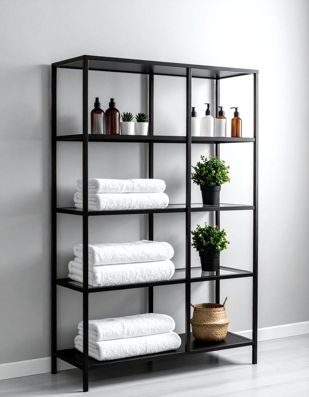 Minimalist black bathroom shelf - 30 black bathroom decor ideas