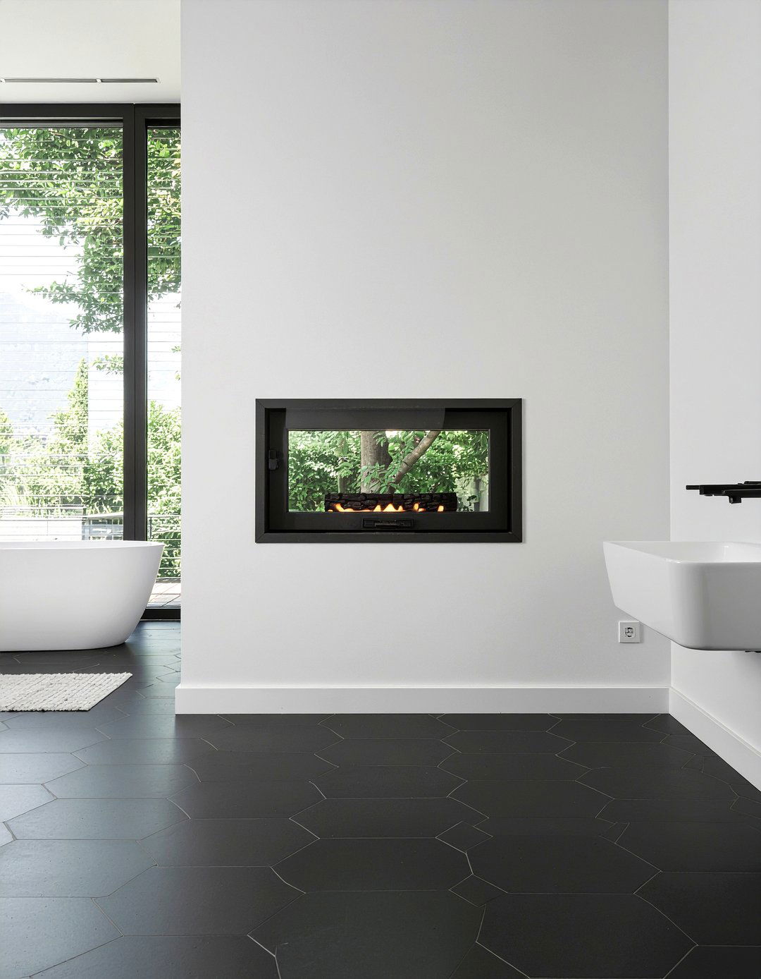 Minimalist black fireplace bathroom - 30 bathroom fireplace ideas