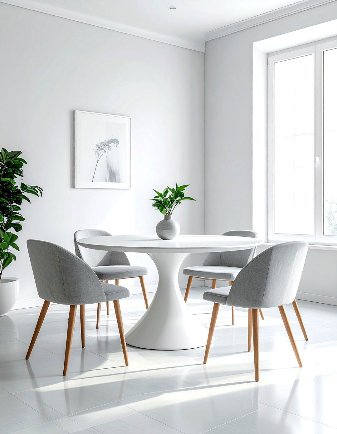 Minimalist dining room with pedestal table - 30 dining room furniture arrangement