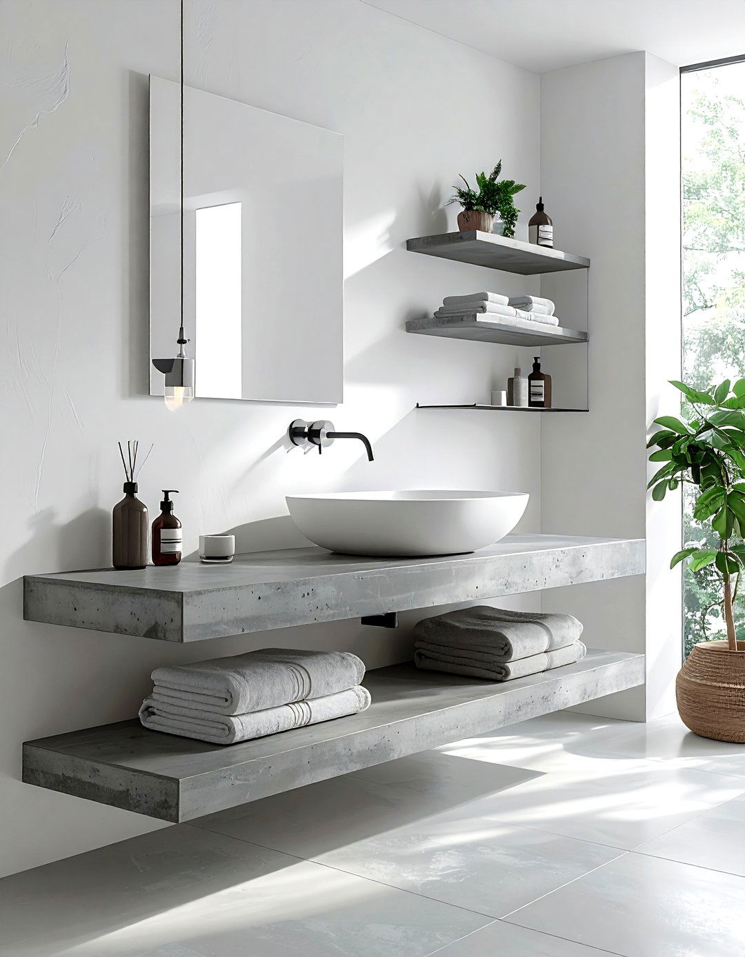 Minimalist floating shelf layout - 30 bathroom furniture layout