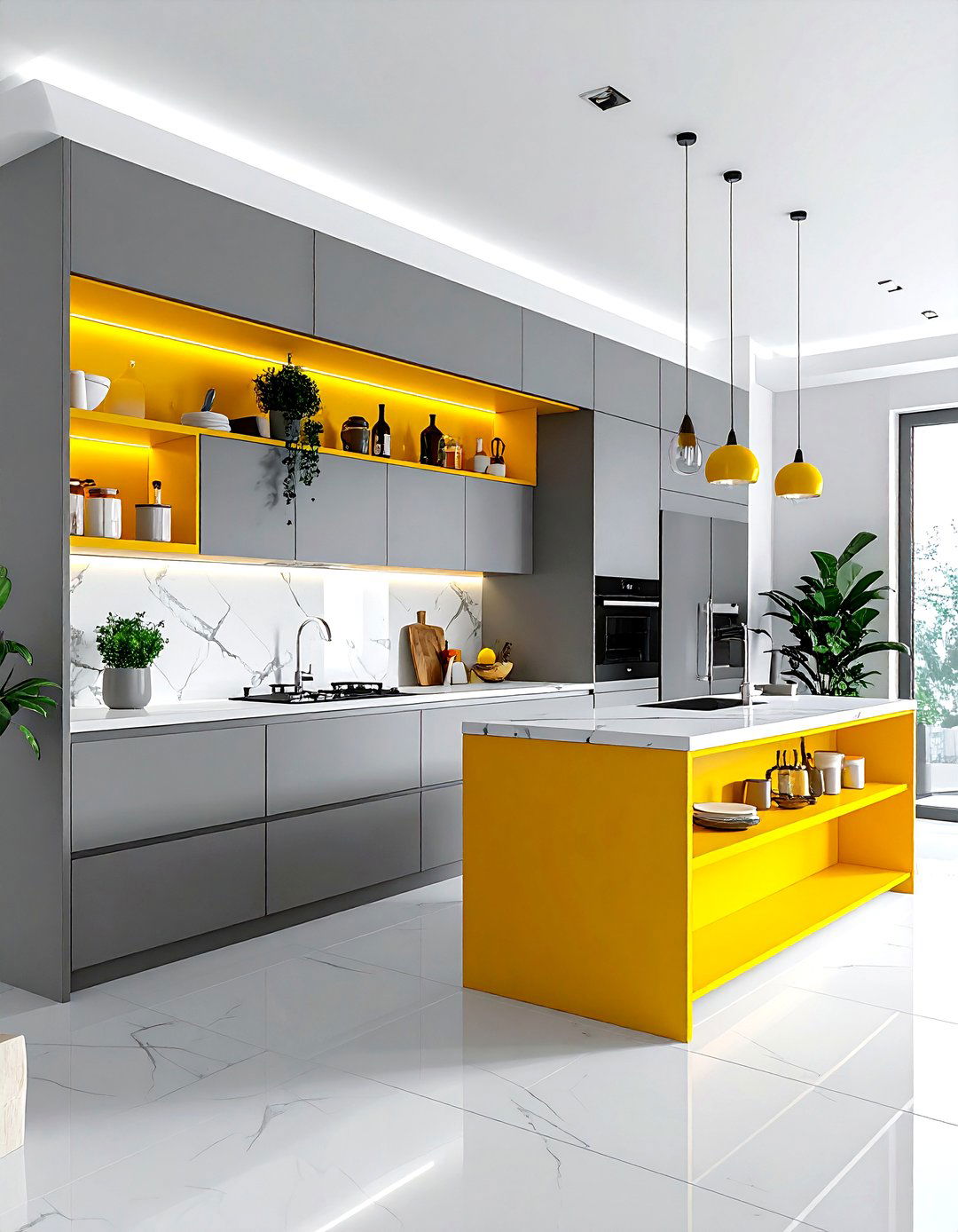 Minimalist gray kitchen with yellow shelving - 30 gray and yellow kitchen ideas