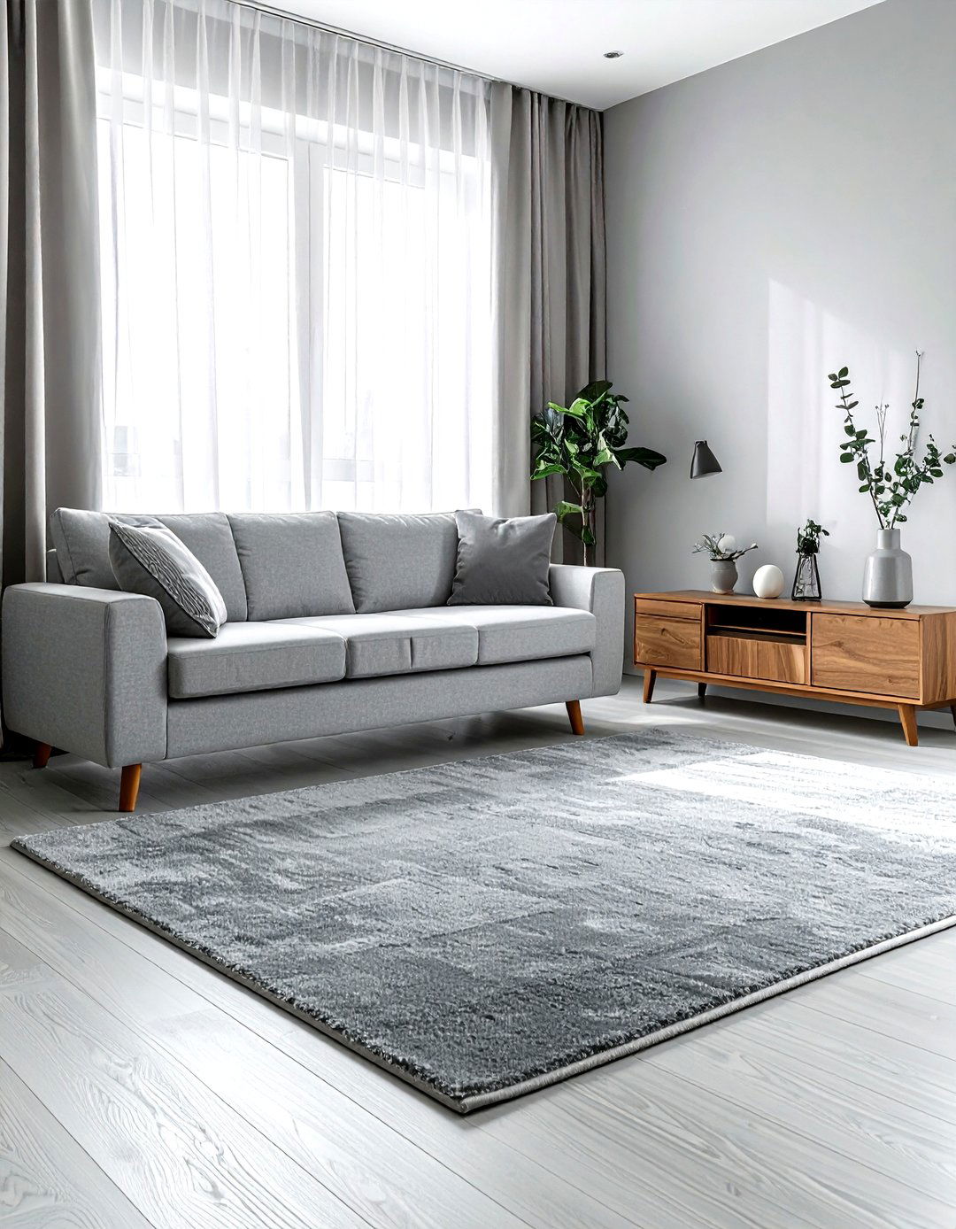 Minimalist gray living room with rug - 30 minimalist gray living room ideas