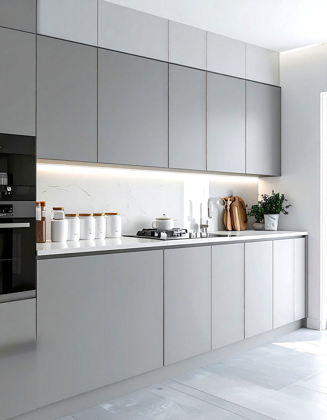Minimalist grey kitchen with white ceramic jars - 30 grey kitchen accessories ideas