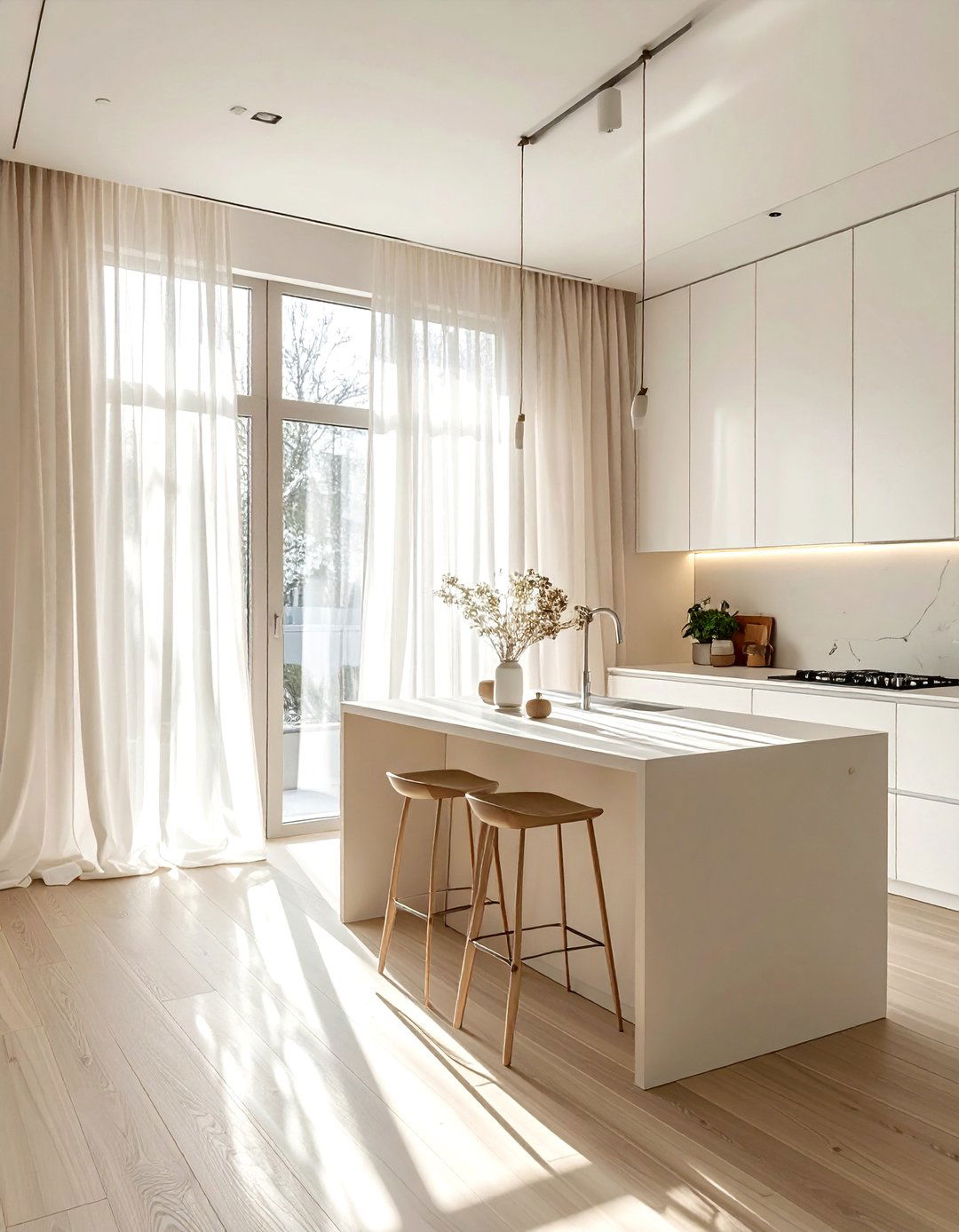 Minimalist kitchen with sheer curtains - 30 natural light kitchen ideas