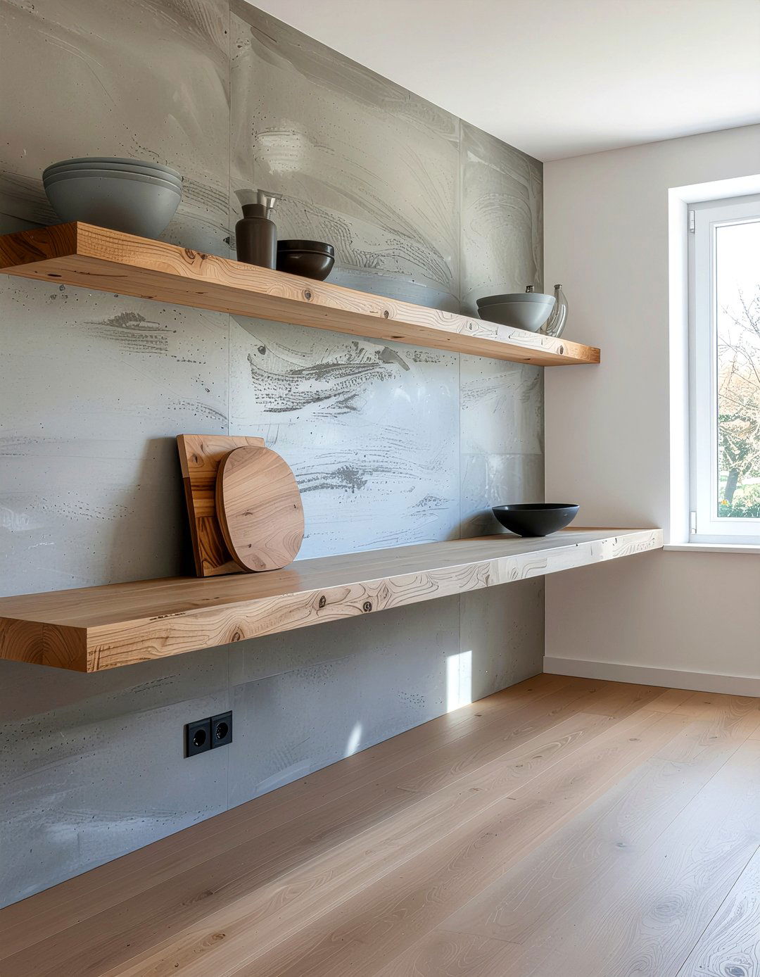 Minimalist kitchen with single long shelf - 30 open shelf backsplash kitchen ideas