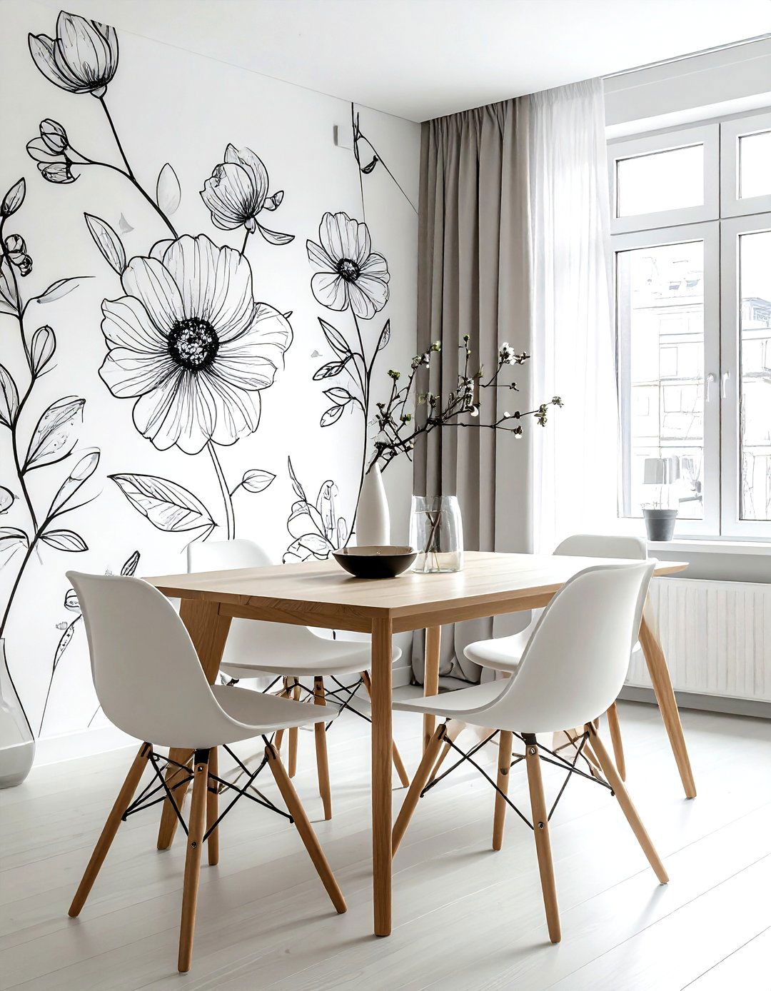 Minimalist line art floral wallpaper dining room - 30 floral wallpaper dining room ideas