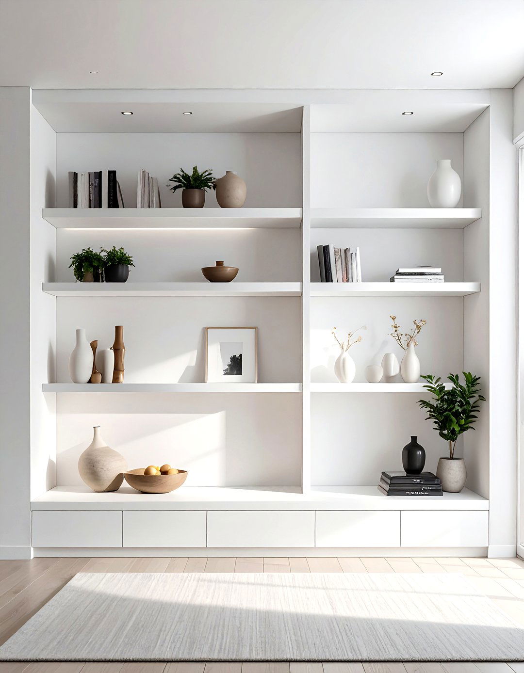 Minimalist living room built in shelving - 30 minimalist white living room ideas