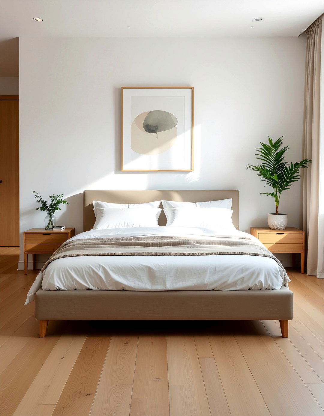Minimalist tan fabric bed - 30 upholstered bed ideas
