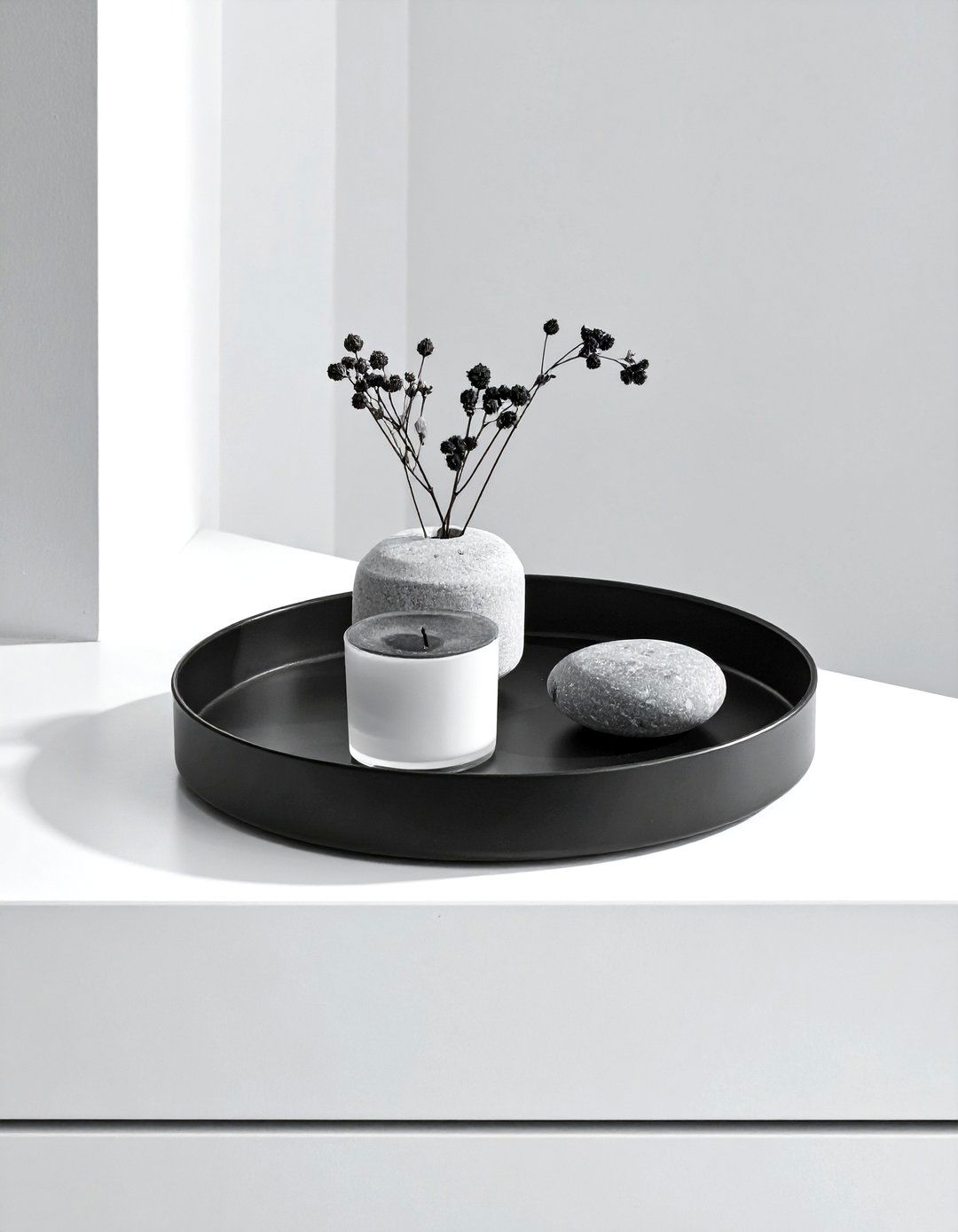 Minimalist tray dresser arrangement - 30 dresser vignette ideas