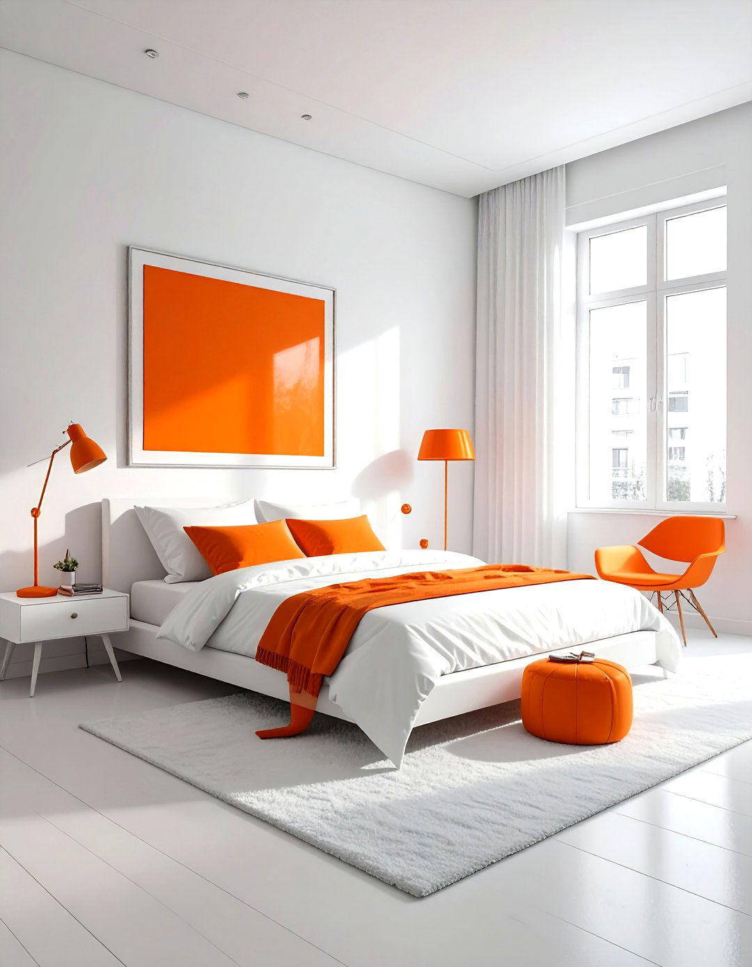 Minimalist white bedroom with orange accents - 30 orange and white bedroom ideas