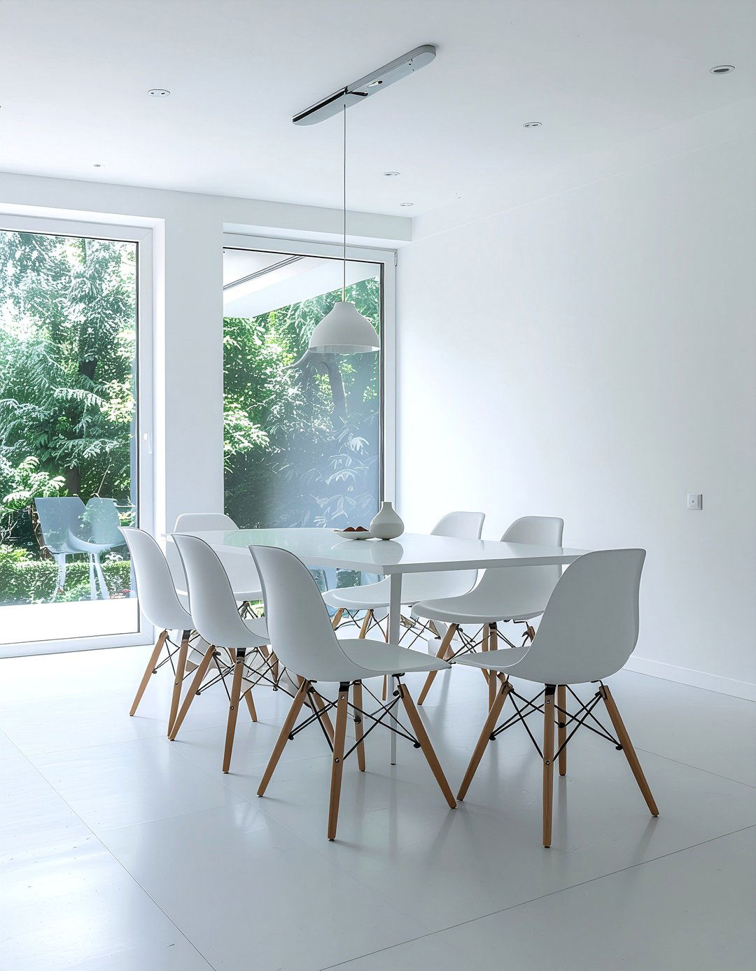 Minimalist white dining room with plastic chairs - 30 Eames dining chair ideas