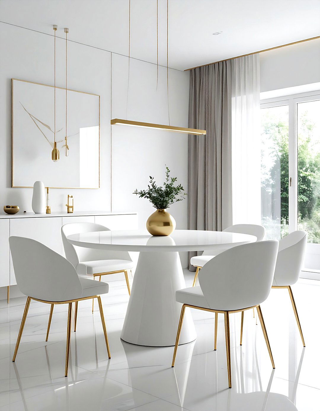 Minimalist white gold dining space - 30 gold and white dining room ideas