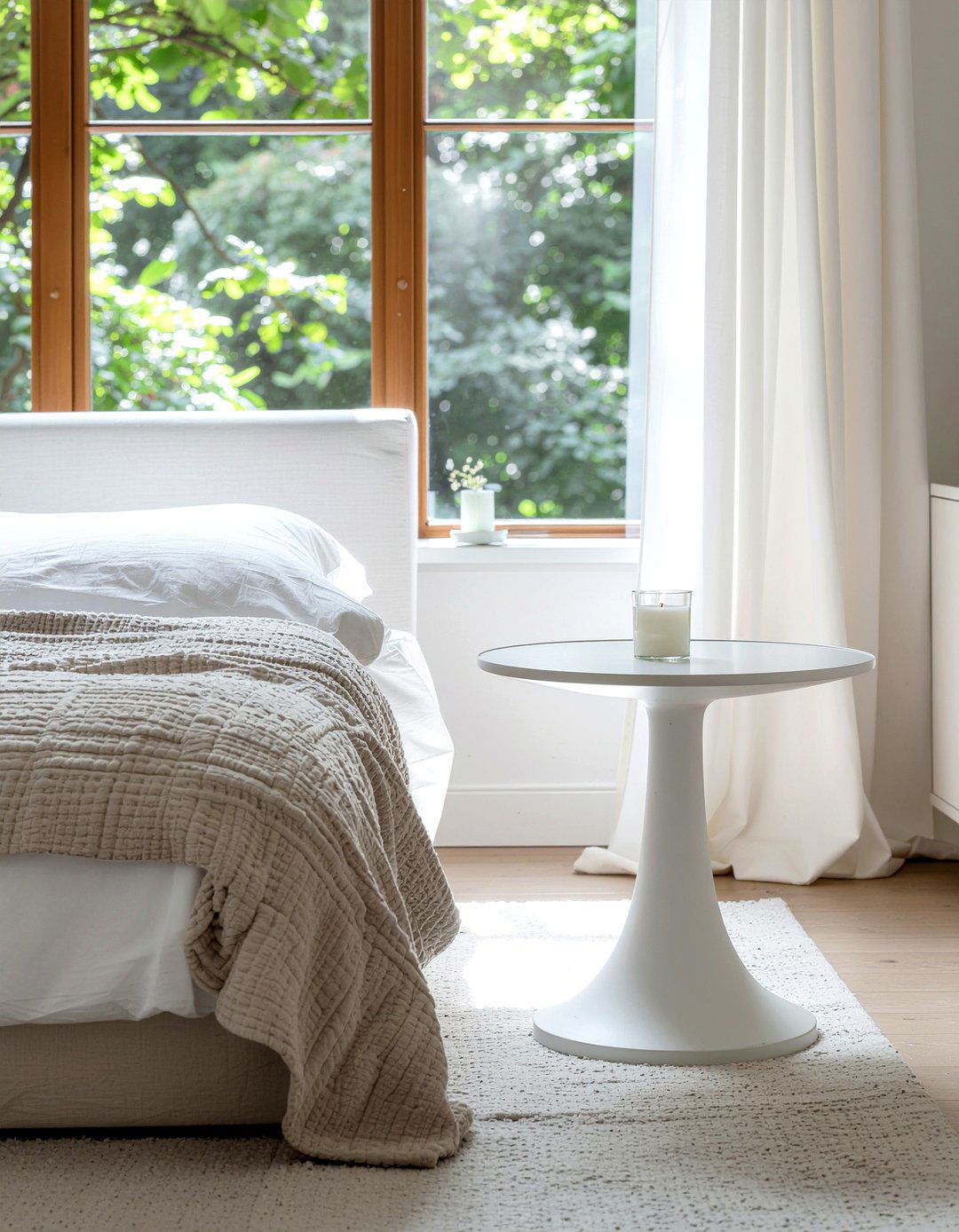 Minimalist white pedestal table - 30 bedroom narrow nightstands