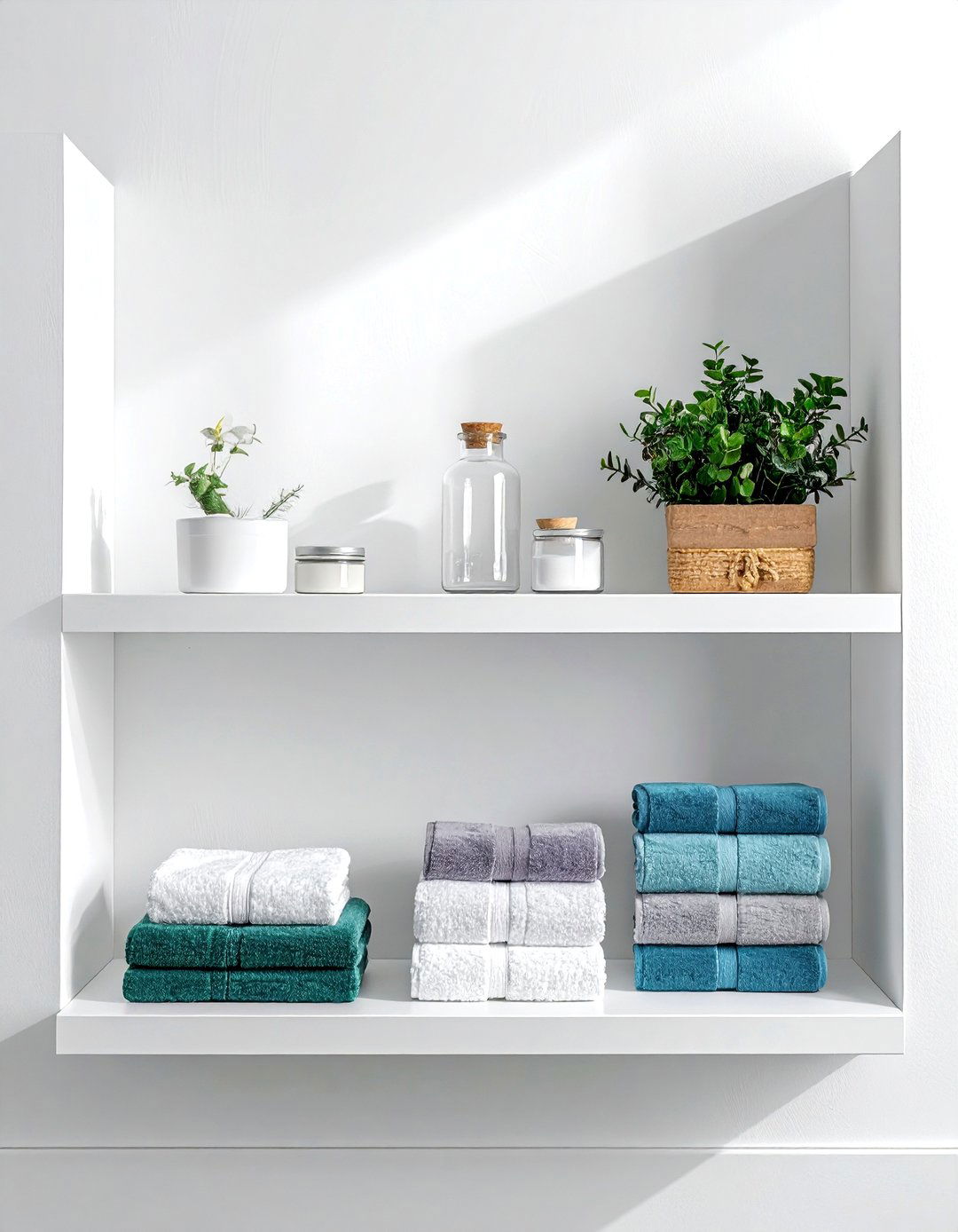 Minimalist white shelves - 30 bathroom wall shelving ideas