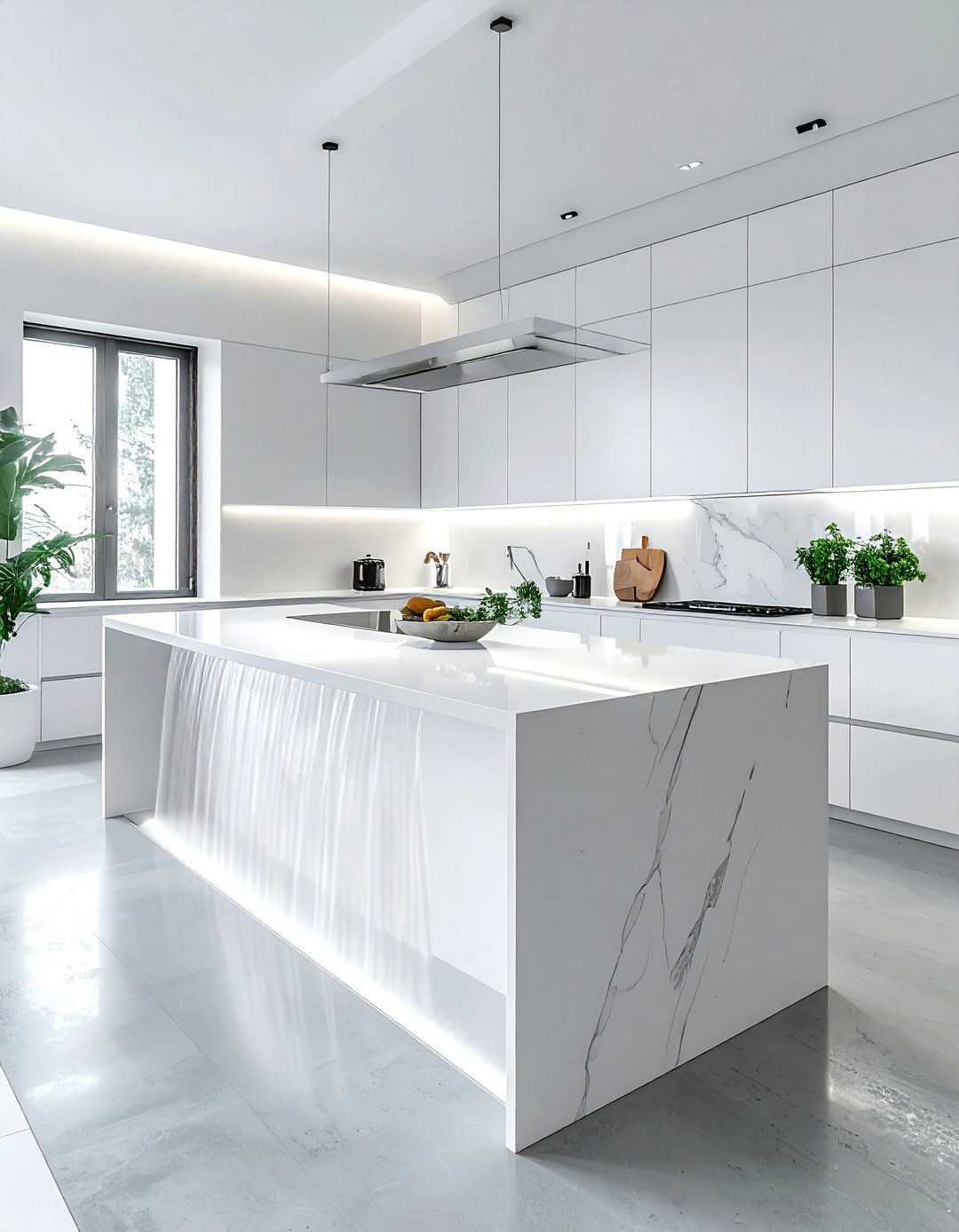 Minimalist white waterfall island - 30 waterfall countertop kitchen ideas