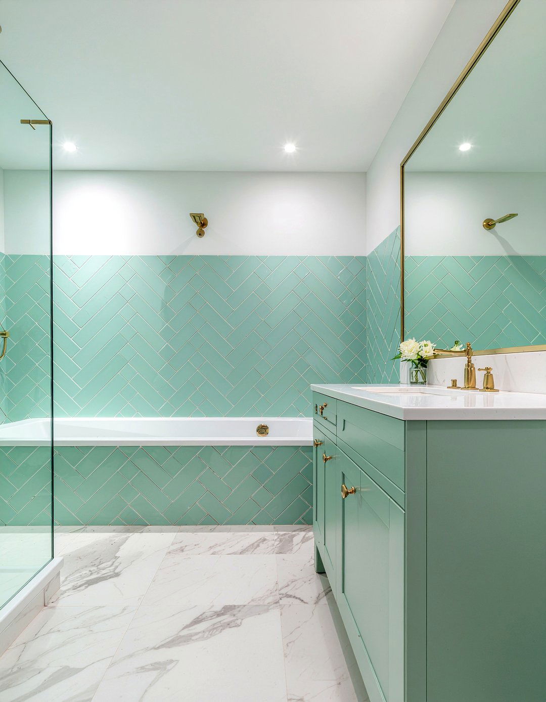 Mint green herringbone tile bathroom - 30 mint green bathroom ideas