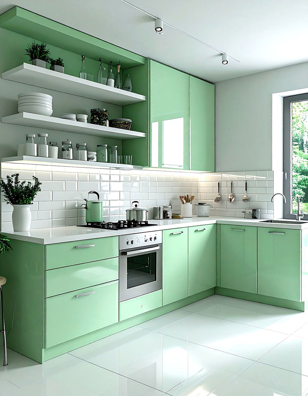 Mint green subway tile white kitchen - 30 green and white kitchen ideas