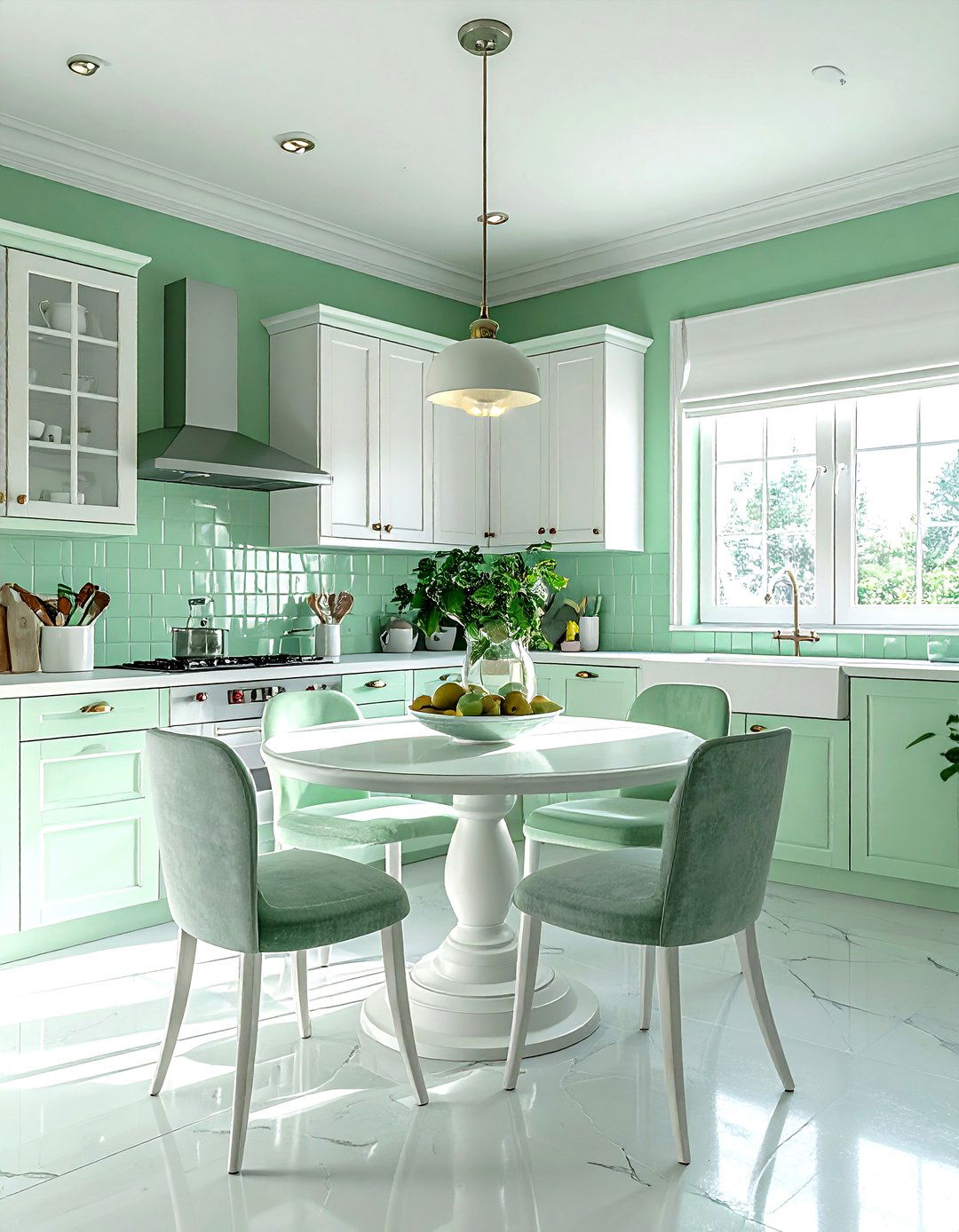 Mint green walls white cabinets - 30 green and white dining room ideas