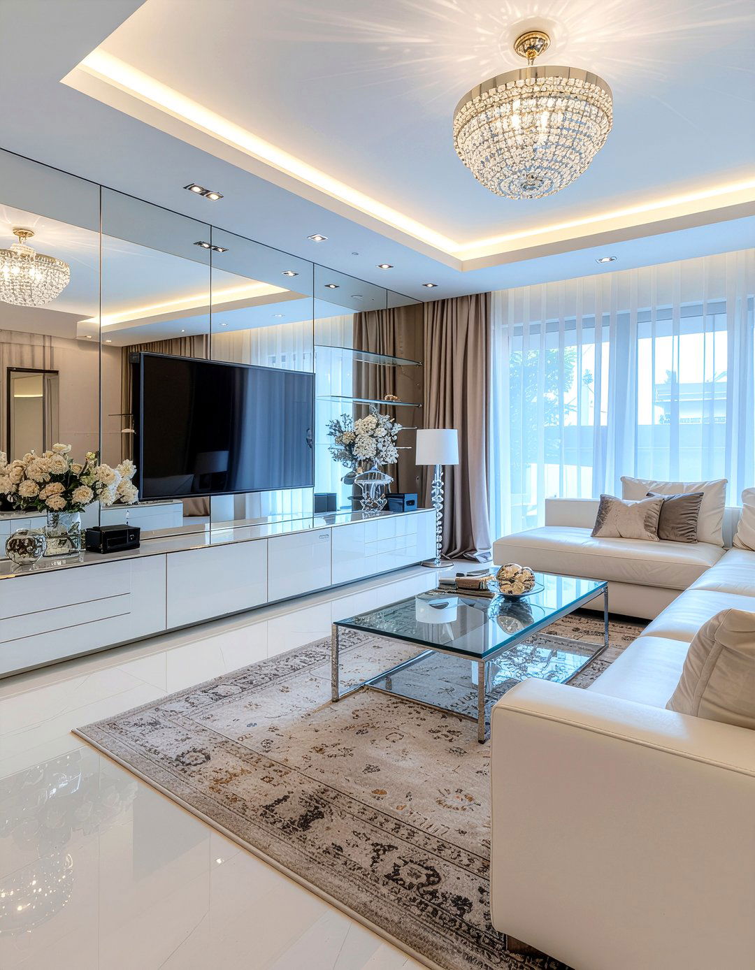 Mirror Backed Entertainment Center - 30 living room entertainment wall ideas