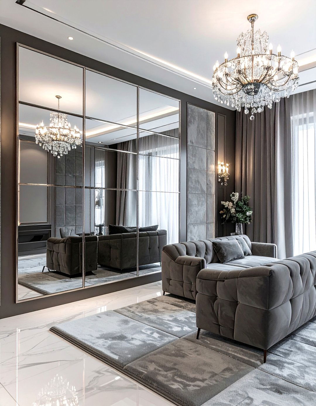 Mirror and velvet wall - 30 mixed material bedroom ideas