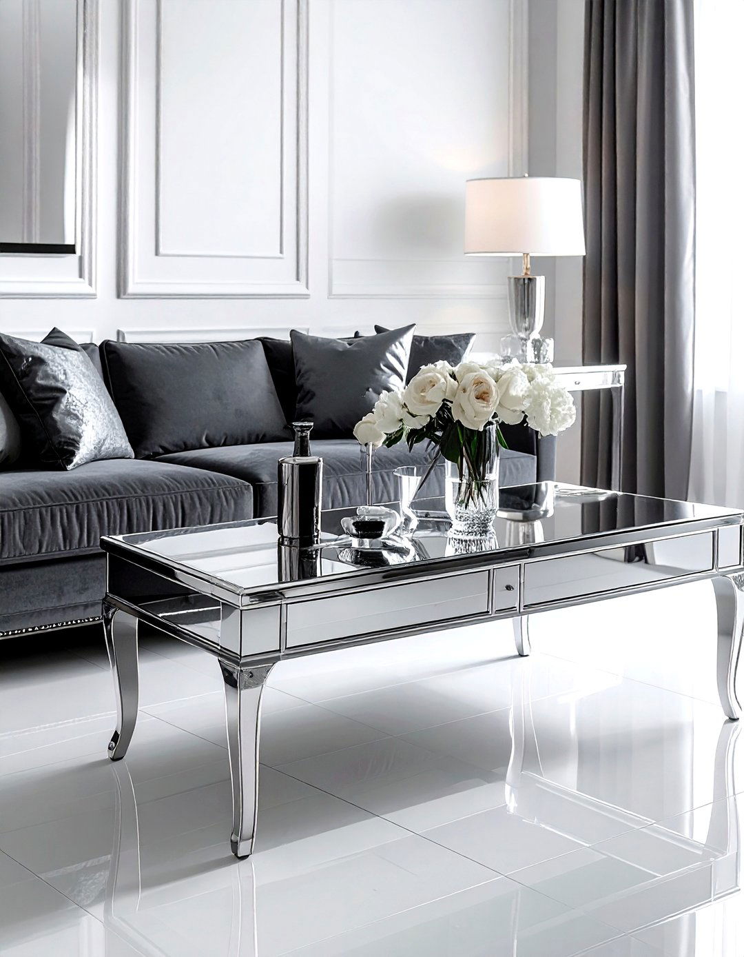 Mirror finish sofa table - 30 living room sofa table ideas