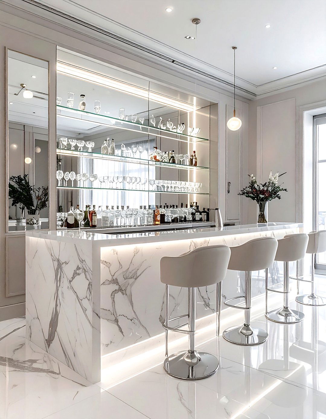 Mirrored Backsplash Beverage Area - 30 kitchen home bar ideas