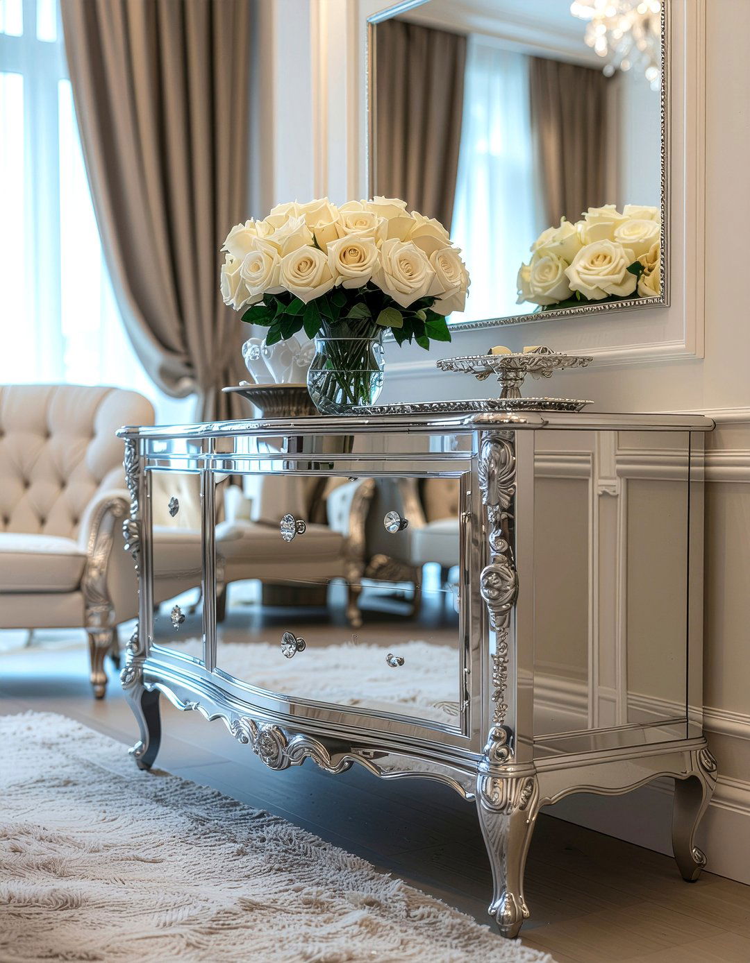 Mirrored Buffet With Crystal Knobs - 30 mirrored buffet dining room ideas