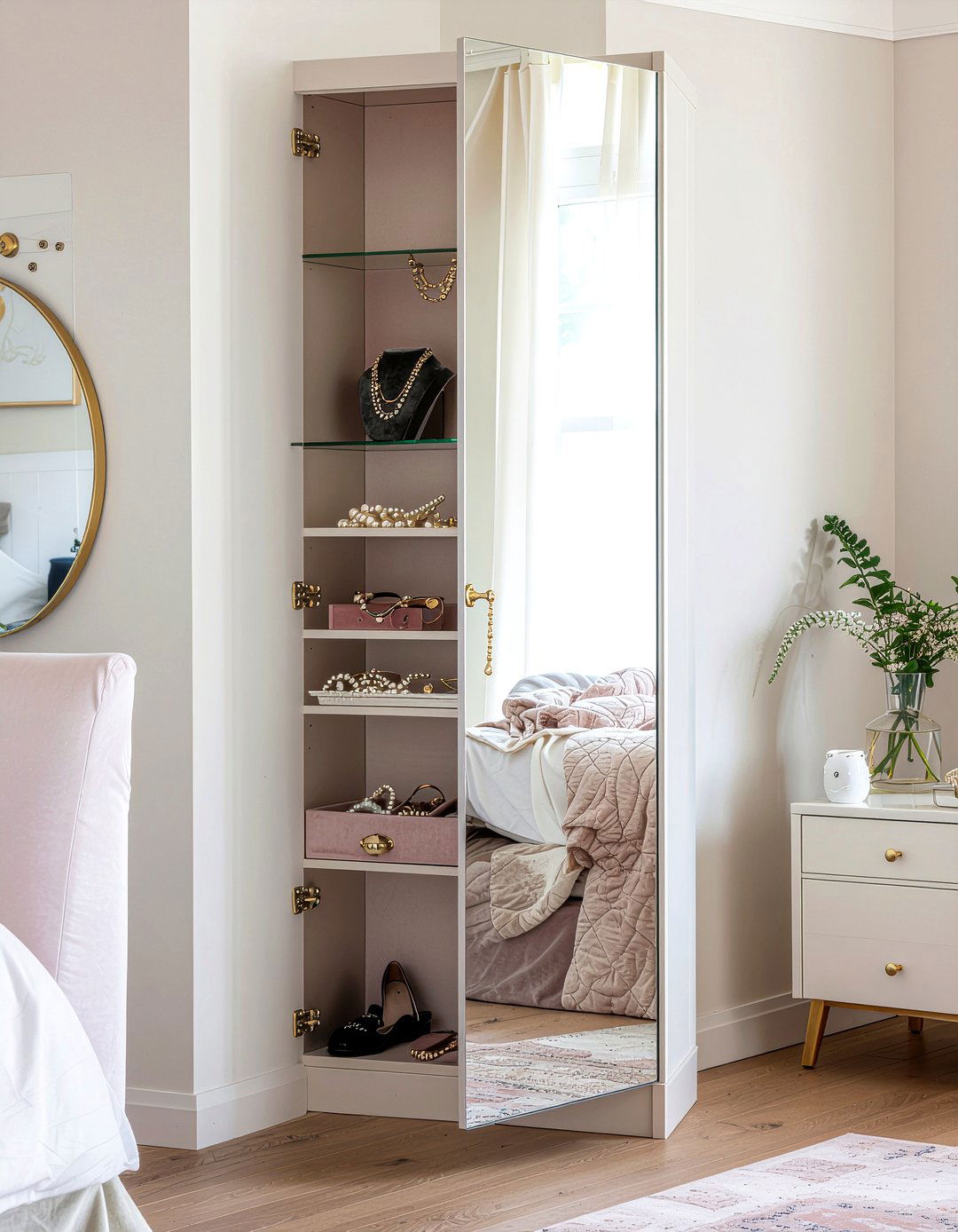 Mirrored Jewelry Armoire - 30 bedroom hidden storage ideas