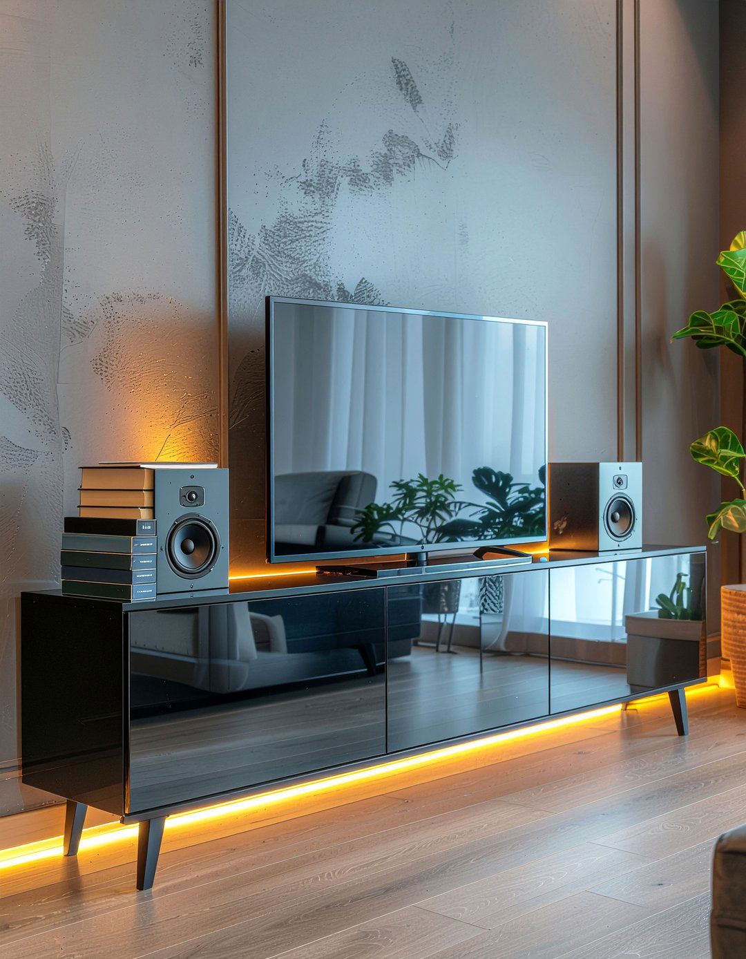 Mirrored Media Console - 30 living room mirrored furniture ideas