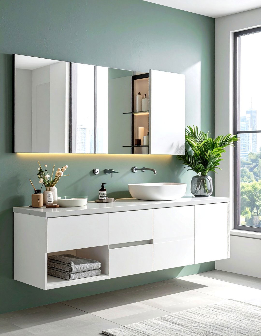 Mirrored Medicine Cabinet - 30 studio apartment bathroom ideas