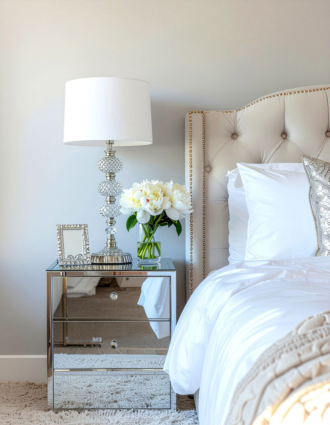 Mirrored Nightstand - 30 Hollywood regency bedroom ideas