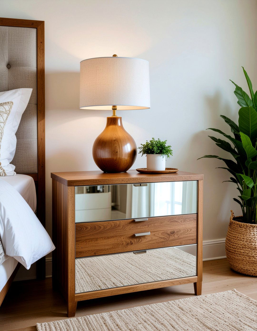 Mirrored Nightstand With Wood Trim - 30 bedroom mirrored nightstands