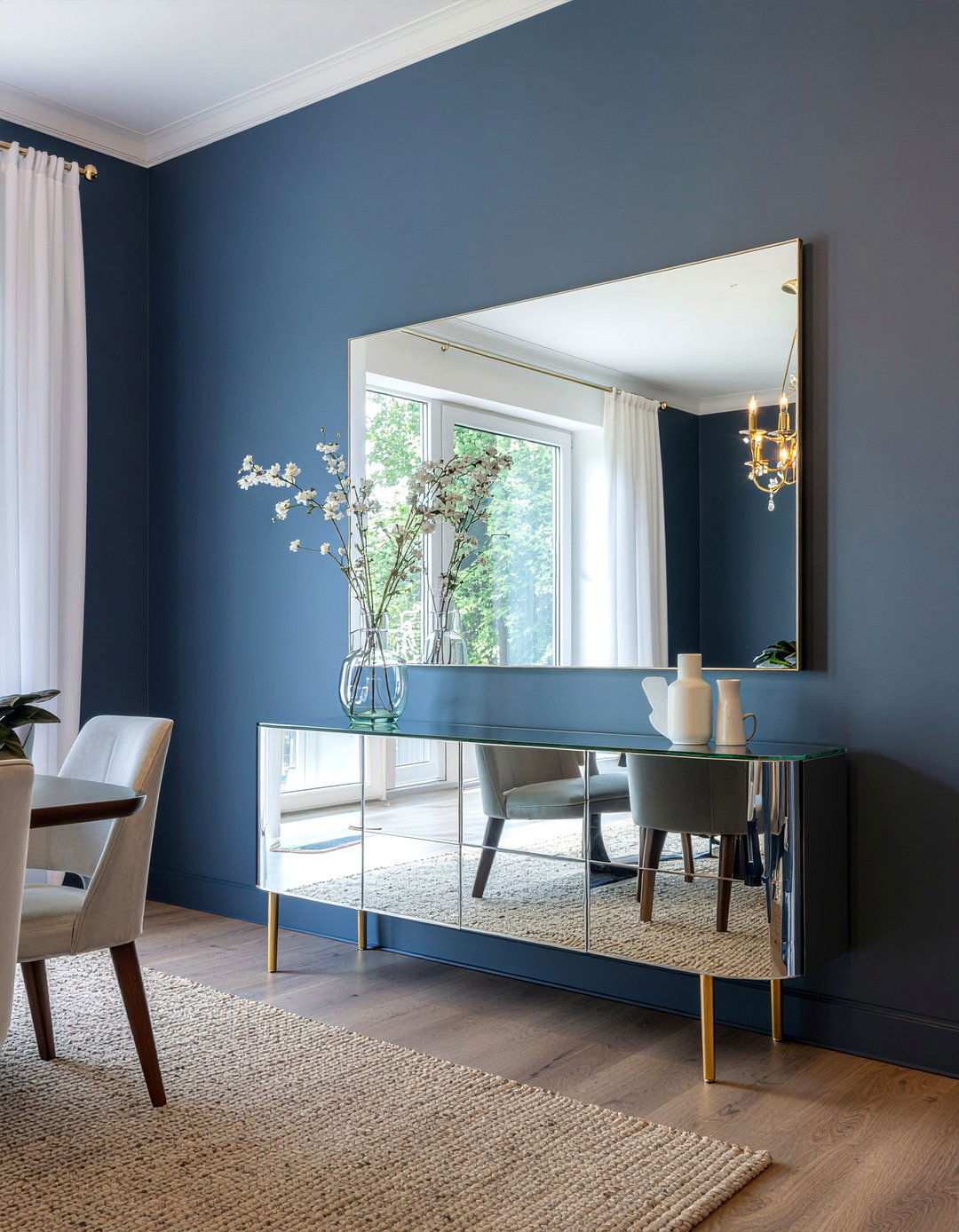 Mirrored Sideboard Against Dark Wall - 30 mirrored buffet dining room ideas