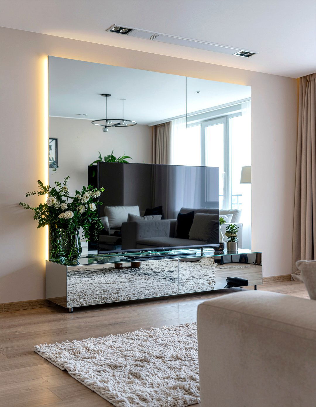 Mirrored TV Stand - 30 living room mirrored furniture ideas