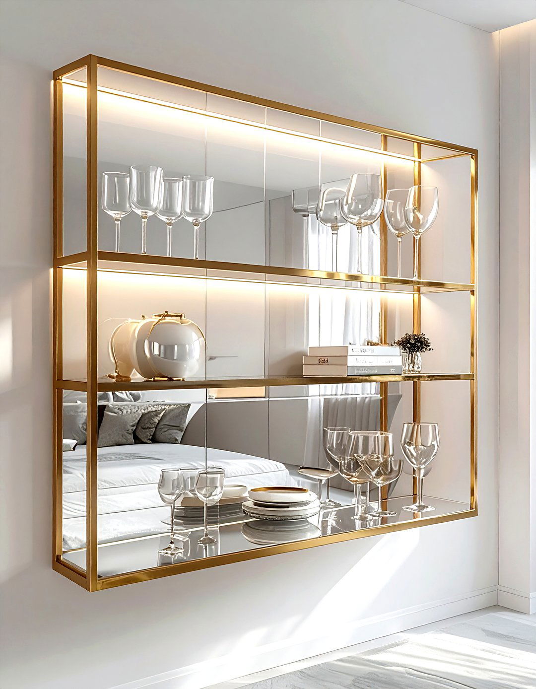 Mirrored back shelving - 30 living room built-in ideas