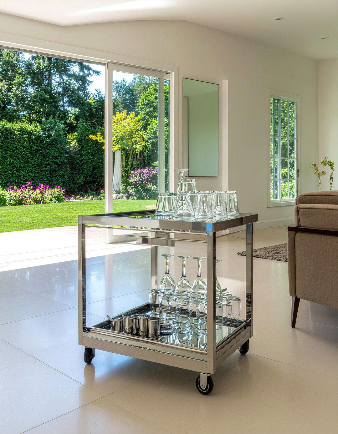 Mirrored bar cart - 30 living room drink station ideas