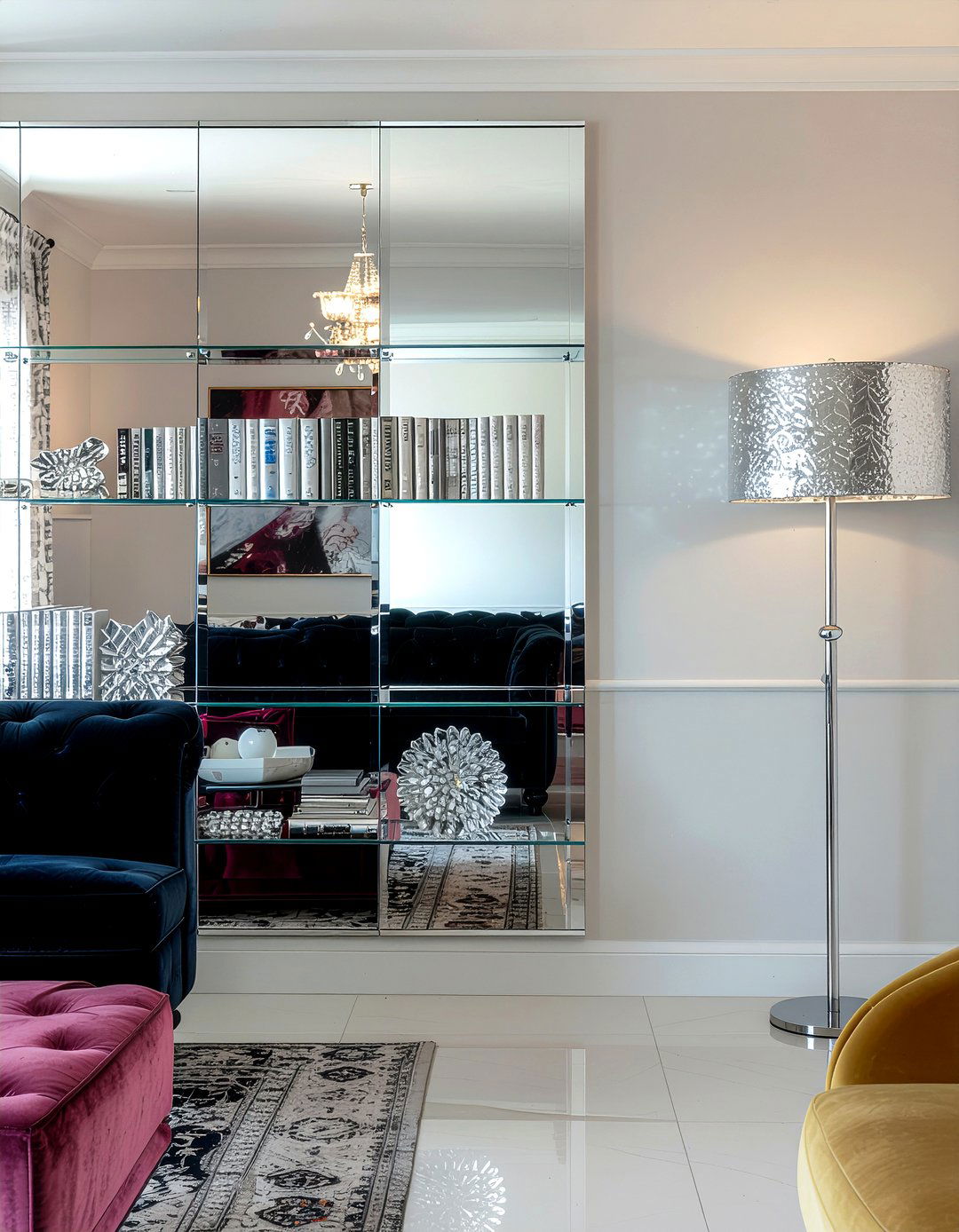 Mirrored bookshelf decor - 30 living room bookshelf styling ideas