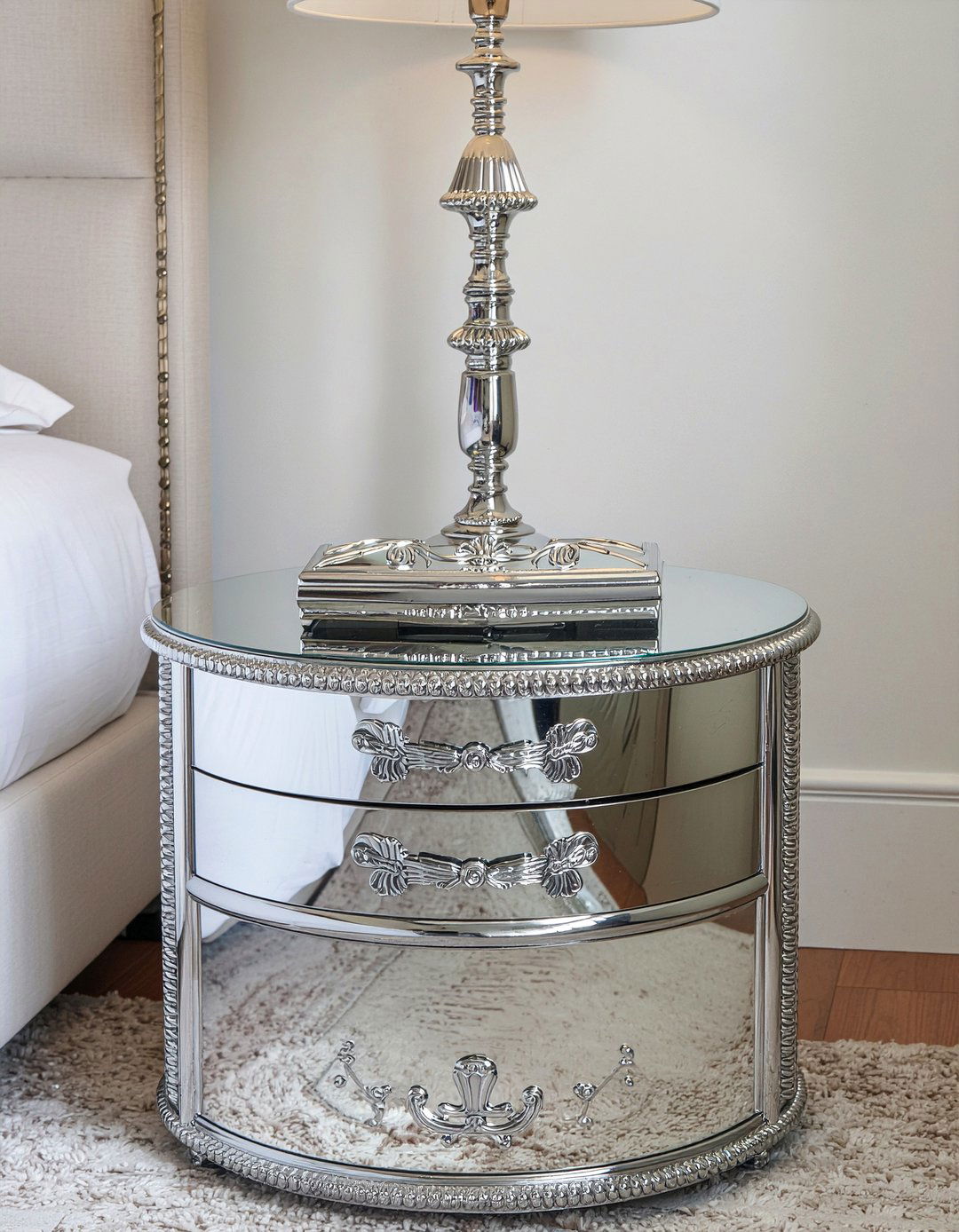 Mirrored round nightstand - 30 bedroom round nightstands