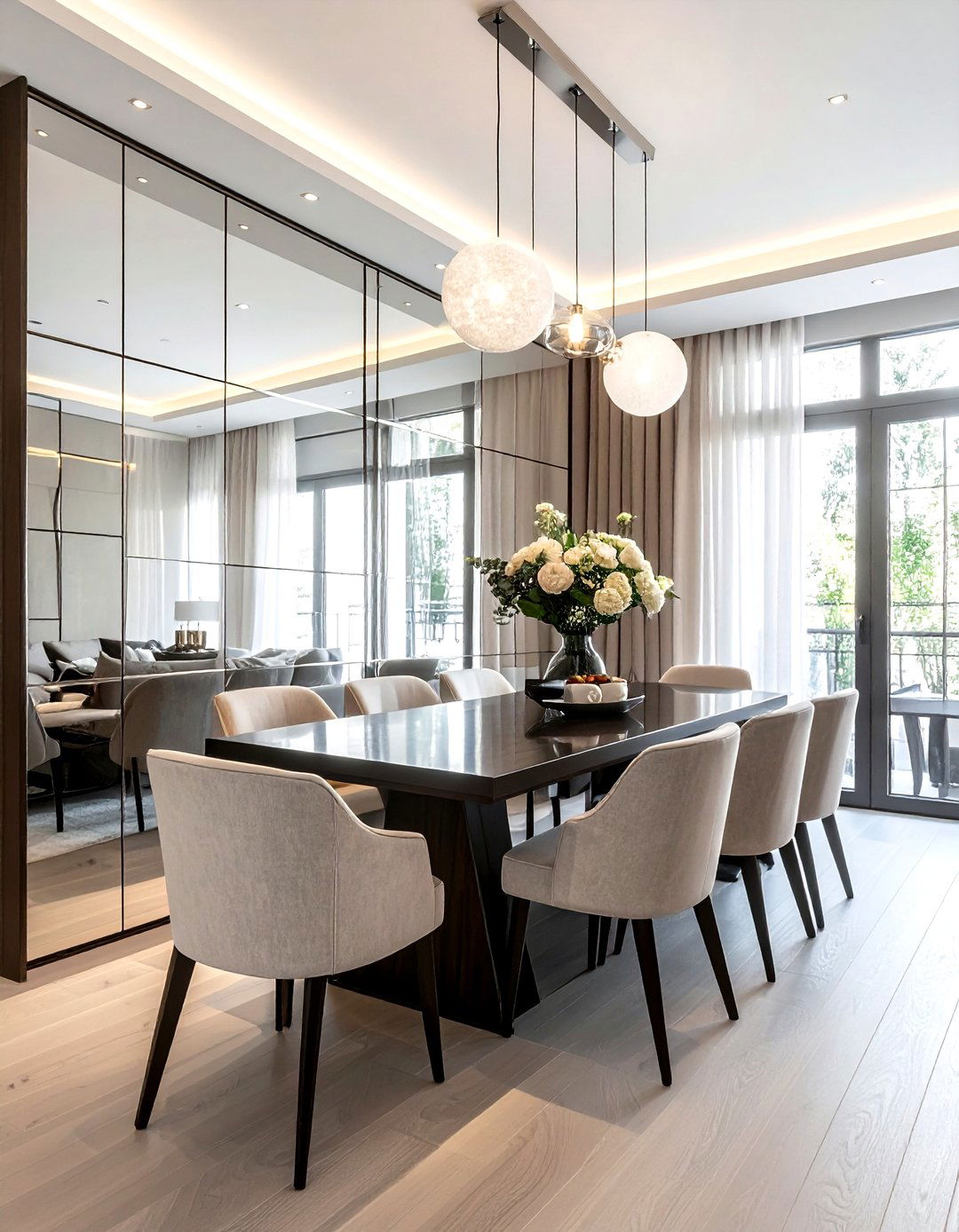 Mirrored wall dining area - 30 dining room decorating tips