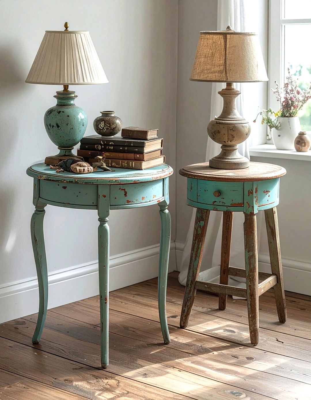 Mismatched Vintage Nightstands - 30 shabby chic bedroom ideas