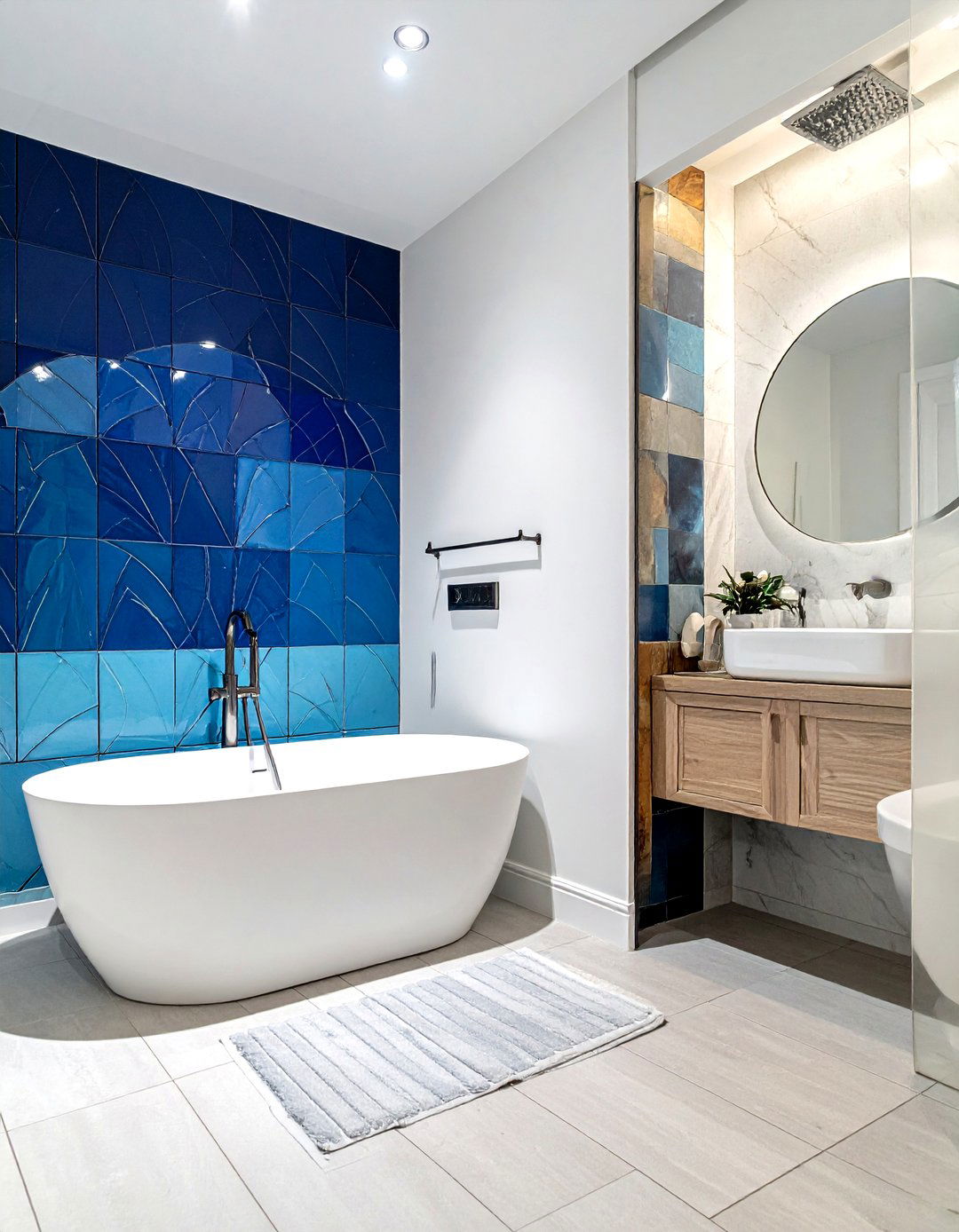 Mixed Blue Fan Tile Bathroom - 30 fan tile bathroom ideas