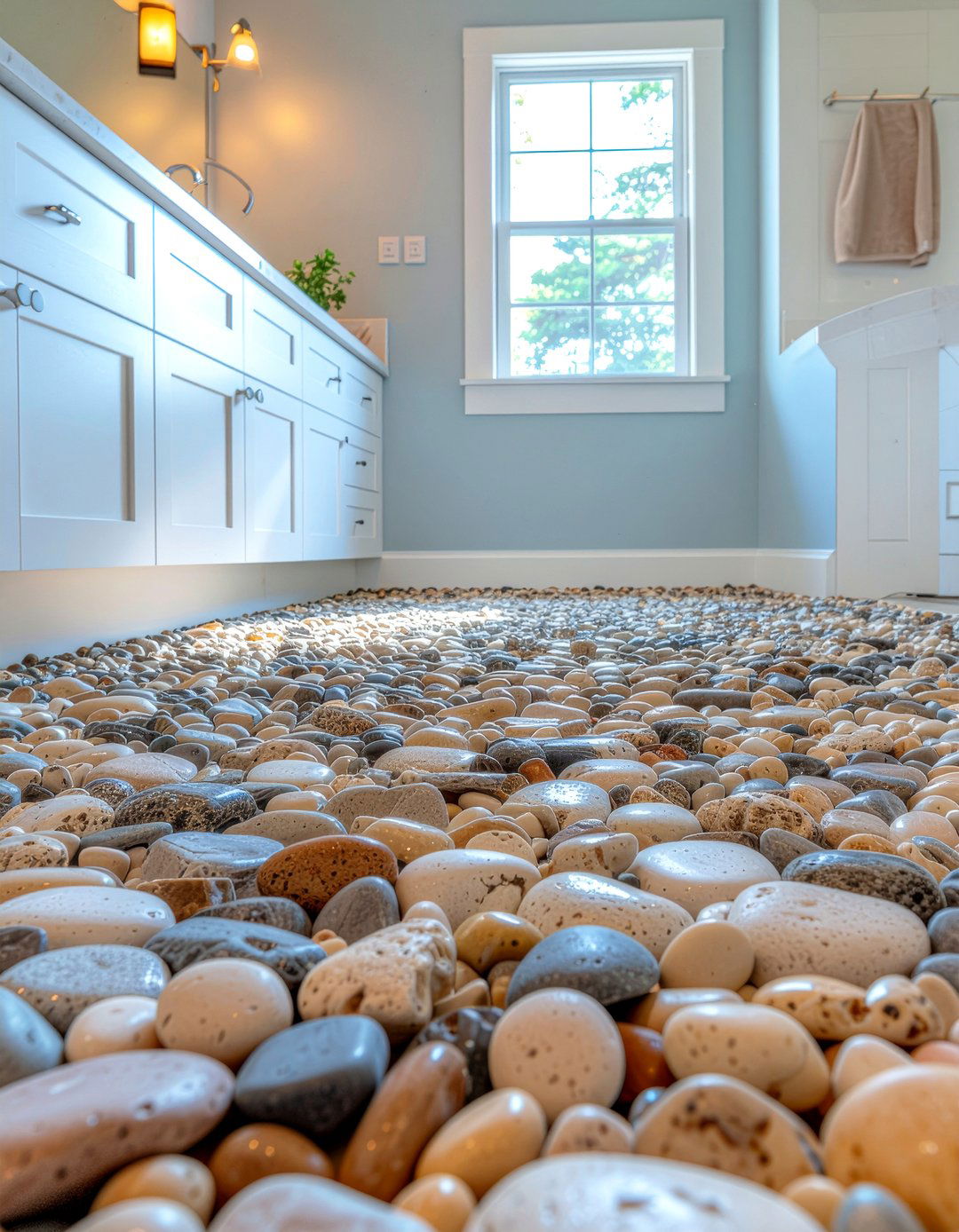 Mixed Color Pebble Floor - 30 river rock bathroom ideas