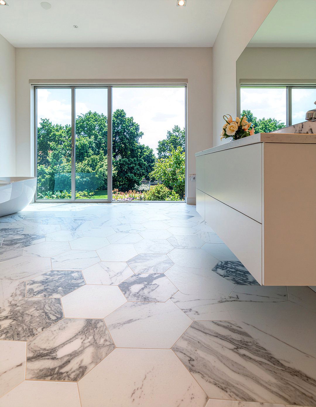 Mixed Size Marble Hexagon Floor - 30 marble hexagon tile bathroom ideas