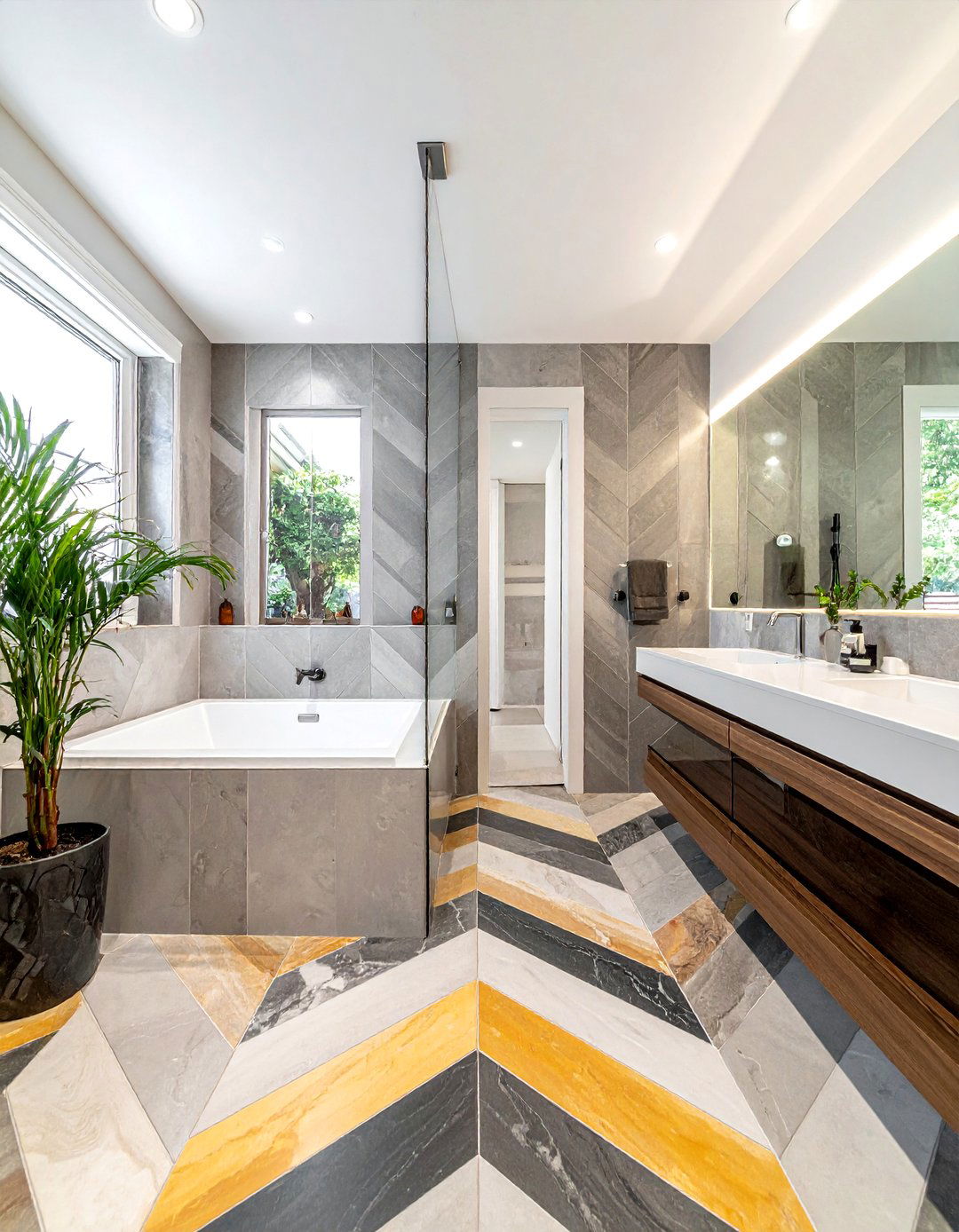 Mixed material chevron tile surface - 30 chevron pattern bathroom ideas