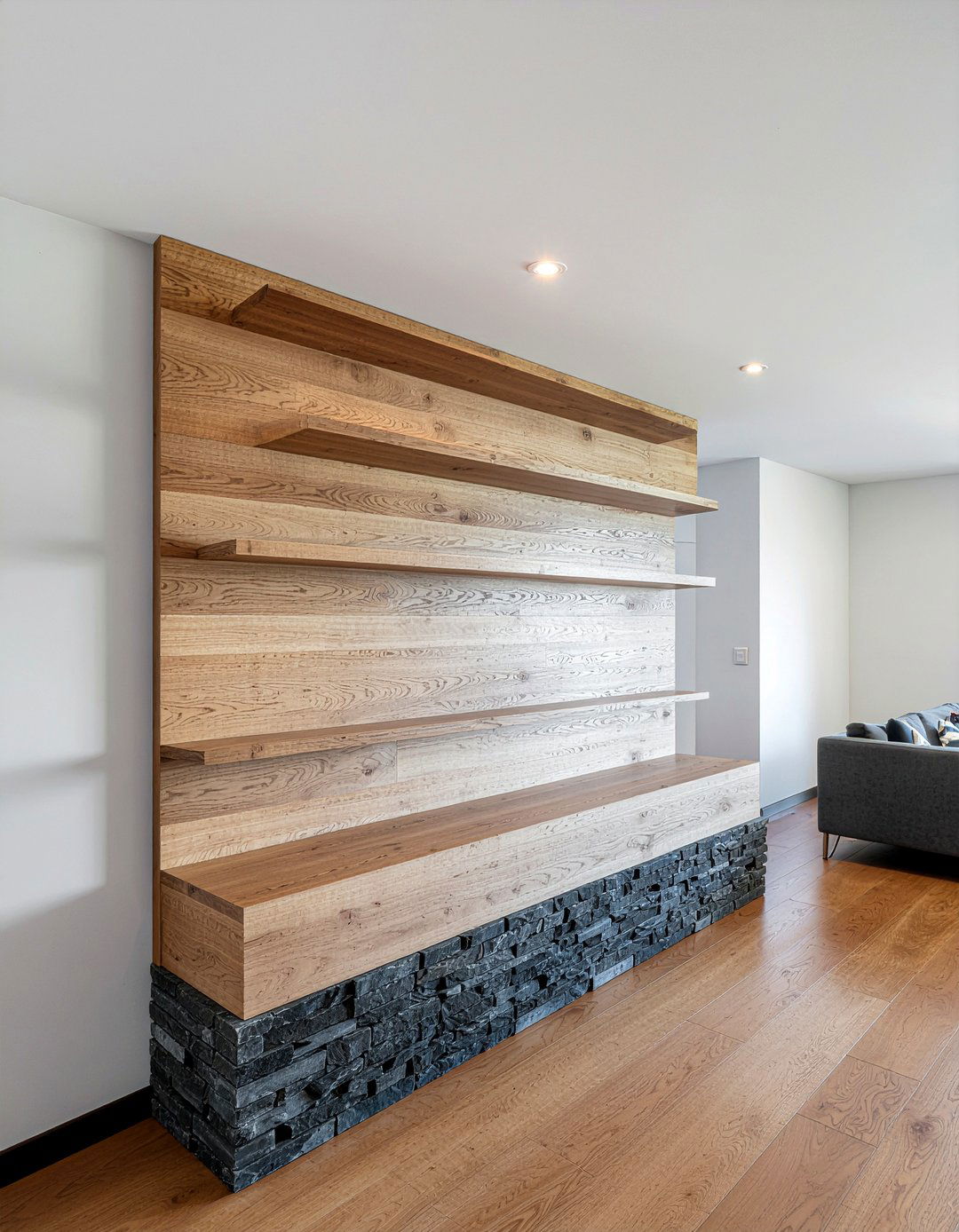 Mixed material stone and wood unit - 30 living room wall unit ideas