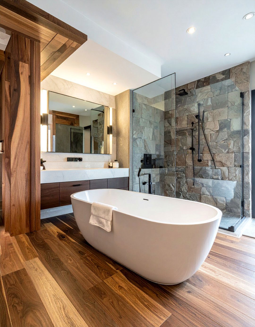 Mixed width wood - 30 bathroom wood floor ideas