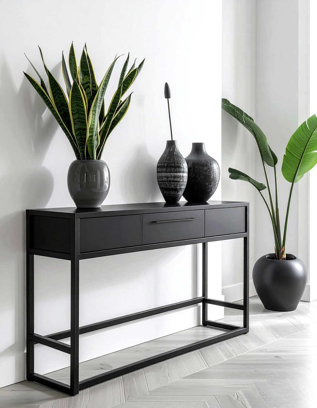 Modern Black Metal Console - 30 living room hallway table ideas