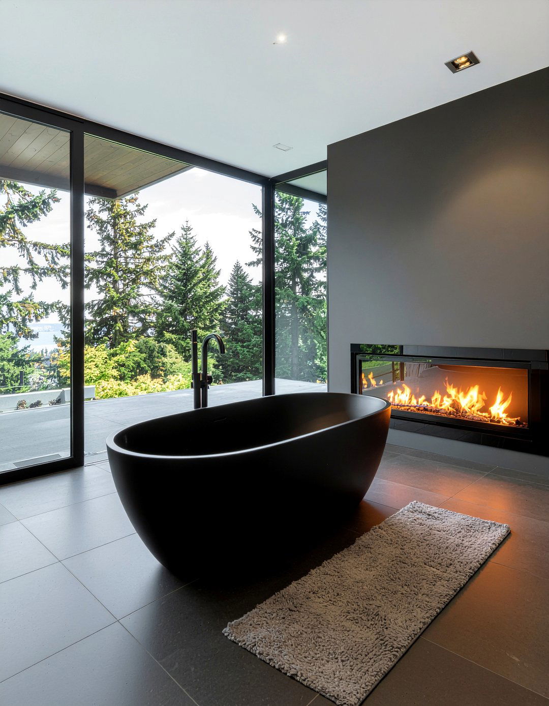 Modern Black Tub With Linear Fireplace - 30 freestanding tub with fireplace ideas